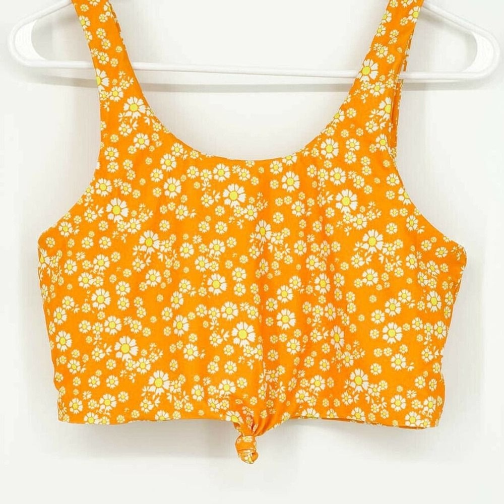 Zaful Women's Bikini Top Orange Daisy Floral Knotted Tie Size 8 Swimwear‎